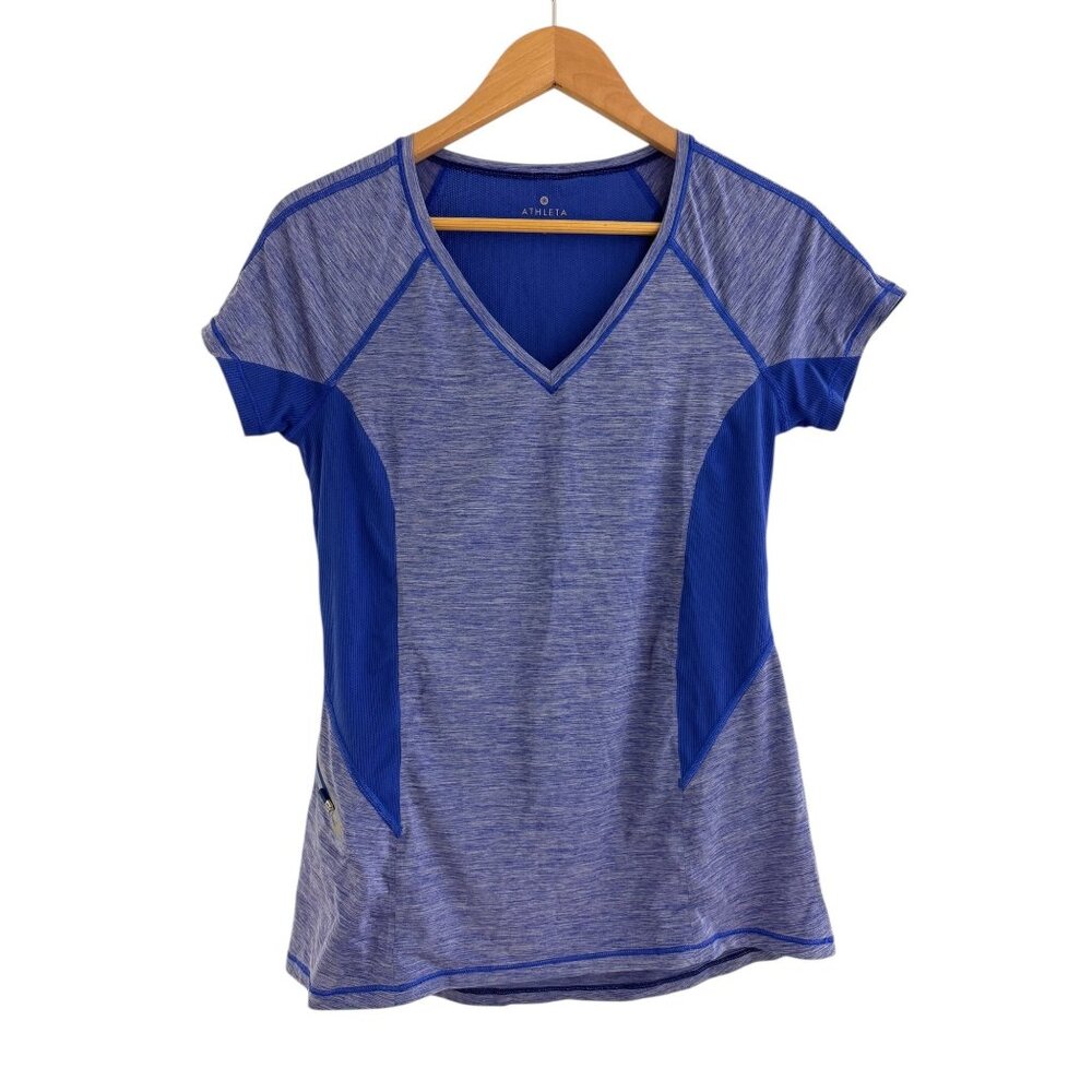 Athleta Forerunner Tee Shirt Cerulean‎ Blue Short Sleeve Zip Pocket Size S Top